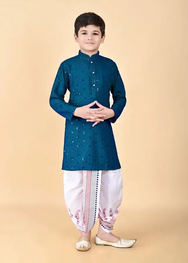 Rayon Embellished Kurta with Dhoti for Boys, Teal & White (6-12 Months)