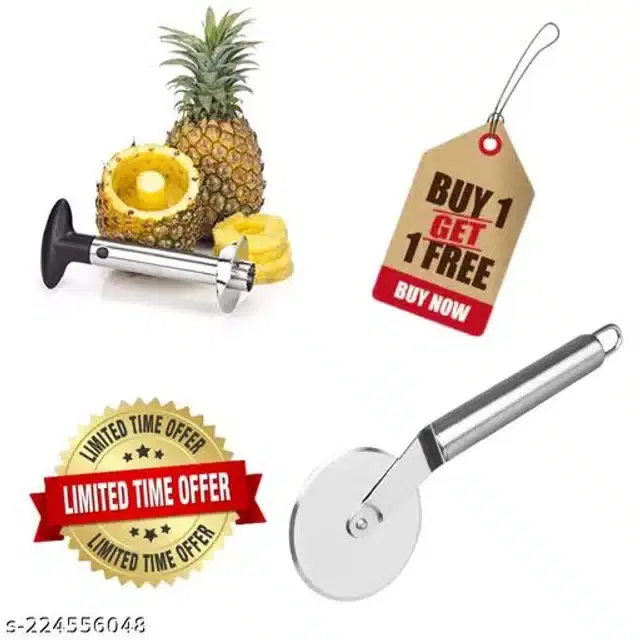 Stainless Steel Pizza Cutter with Coconut Opener, Silver, Set of 2