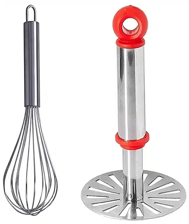 Combo of Whisk & Masher for Kitchen, Set of 2, Silver