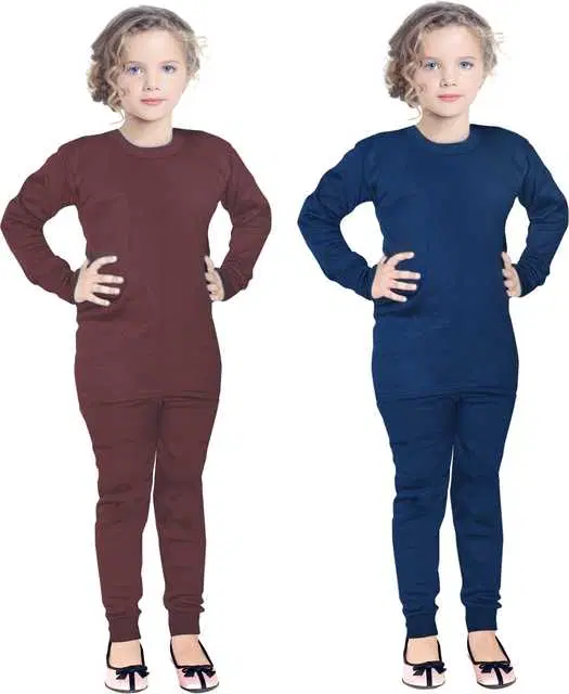 Solid Kids Girl's Thermal Top & Bottom Set, Set of 2 (Brown & Blue, 2-3 Years) (FE-27)