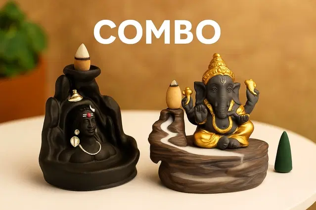 Resin Combo of Ganesh ji & Mahadev Idol with 50 Backflow Incense Cones, Black & Brown, Set of 2