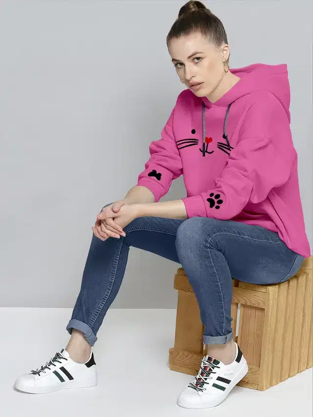 Full Sleeves Printed Hoodie for Women (Pink, S)