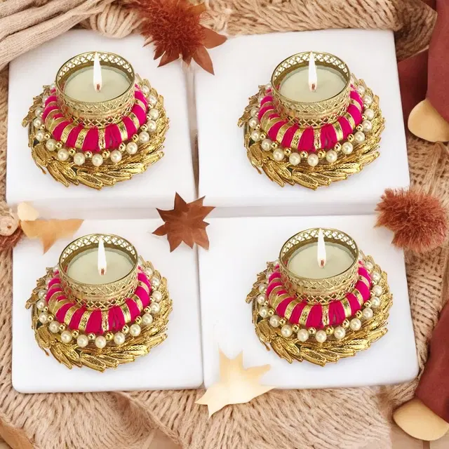 Metal Designer Tealight Candle Holder, Pink, 8.5x8.5x3.5 cm, Pack of 4