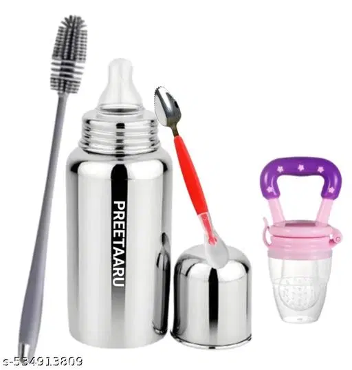 Steel Feeding Bottle ,Fruit Nibbler, Bottle Cleaning Brush With Cutter Spoon