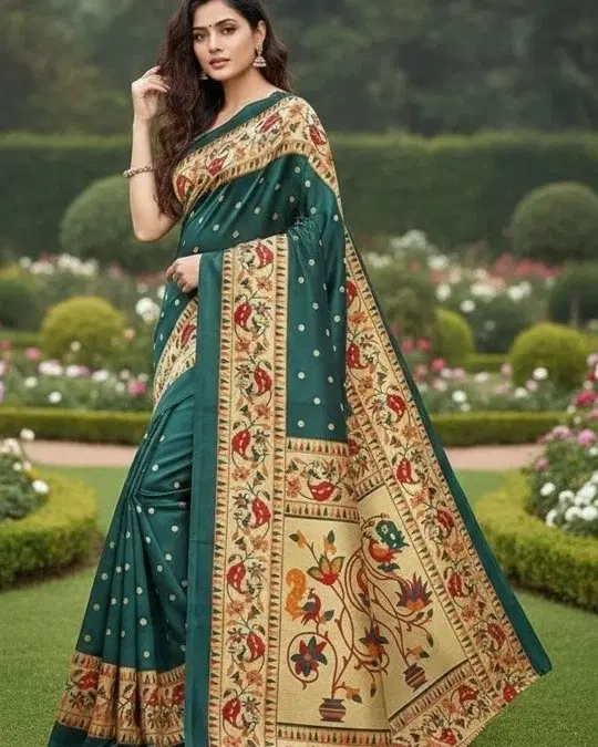 Art Silk Printed Saree for Women (Green, 6 m)