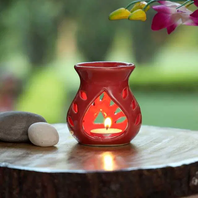Aroma Ceramic Tealight Candle Holder Oil Diffuser Burner, Red, 9.5 X 7 X 9.5 Cm, Du-053