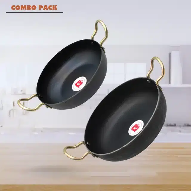 Deep Bottom Kadhai & Frying Pan, Pack of 2, Black, 1200 ml