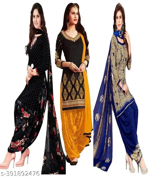 Crepe Printed Unstitched Suits for Women, Pack of 3 (Black, Un Stitched)