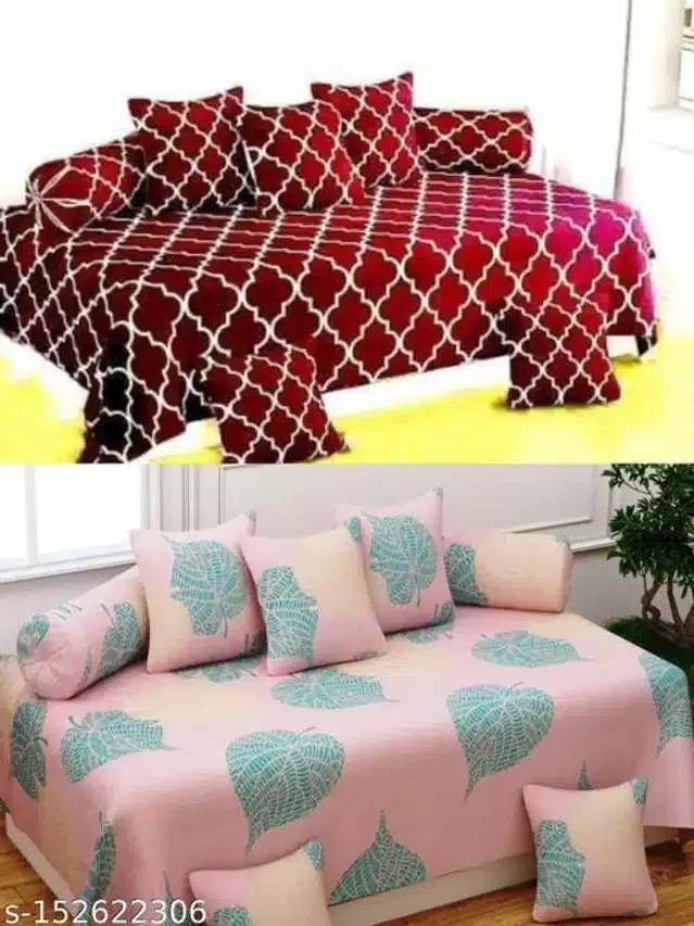 Polycotton Diwan Cover Set, Maroon & Pink, Combo of 2