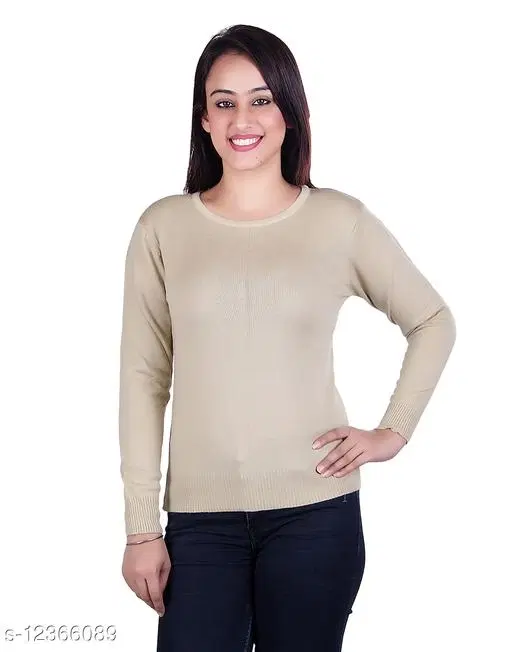 Acrylic Solid Sweater for Women (Beige, M)