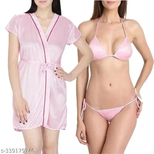 Satin Solid Babydoll for Women, Pink (XL)