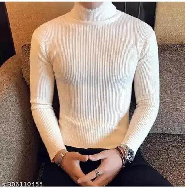 Cotton Blend High Neck Sweater for Men (White, M)