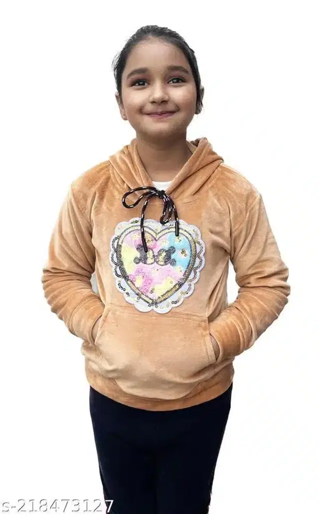 Wool Embroidered Full Sleeves Hooded Sweatshirt for Girls (Peach, 4-5 Years)