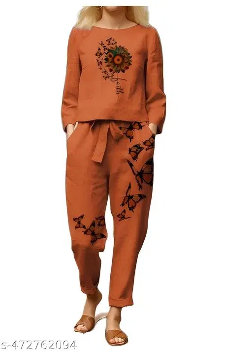 Cotton Blend Butterfly Print Top with Matching Pant Set for Women (Orange, L)