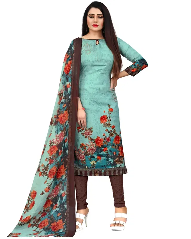 Cotton Blend Floral Print Unstitched Suit with Dupatta for Women, Blue