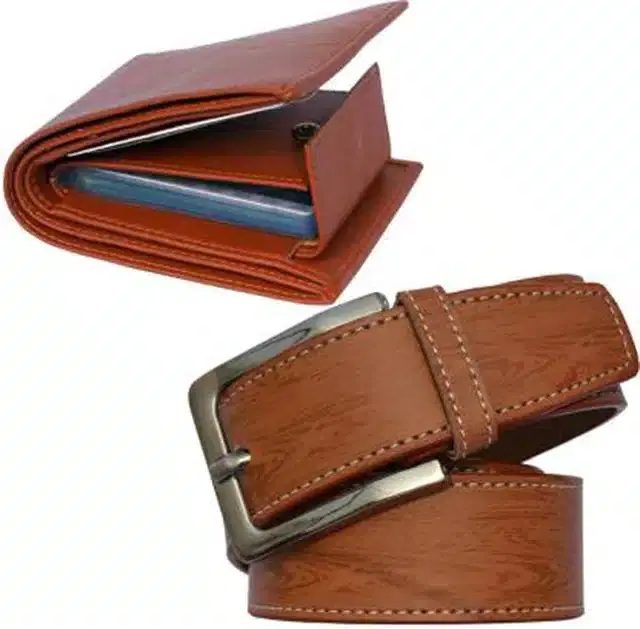 Synthetic Wallet with Formal Belt for Men, Pack of 2 (Brown)