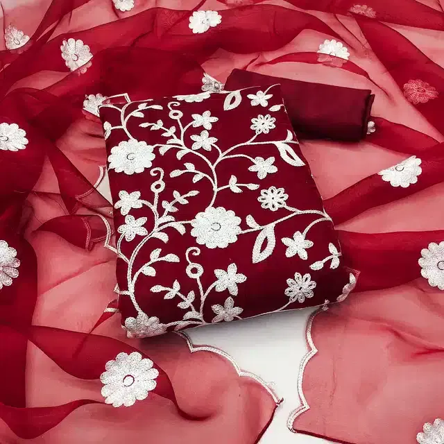 Organza Unstitched Dress Material for Women (Maroon)