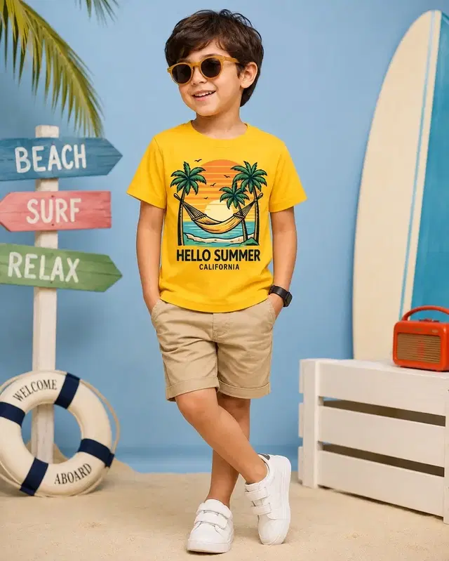 Boys T-Shirts & Polos Chest Print Yellow Cotton Blend(2-3 Y)