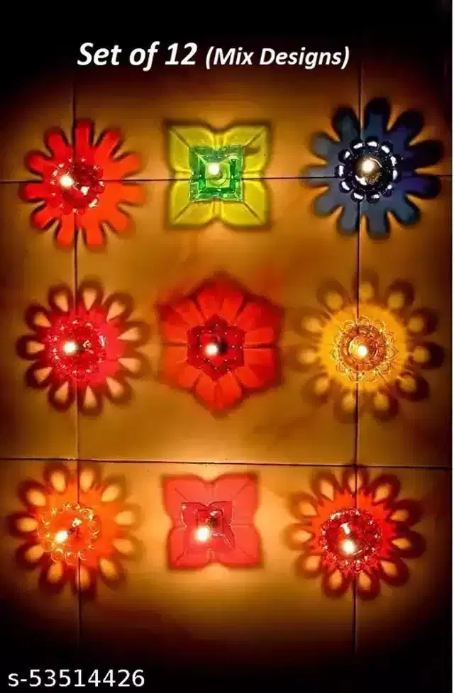 3D Diya Diwali Lights, Multicolor, Pack of 12