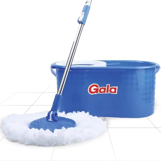 Gala Aqua Spin Mop with 4 Wheels, Bucket & 2 Microfiber Refills [White & Blue]