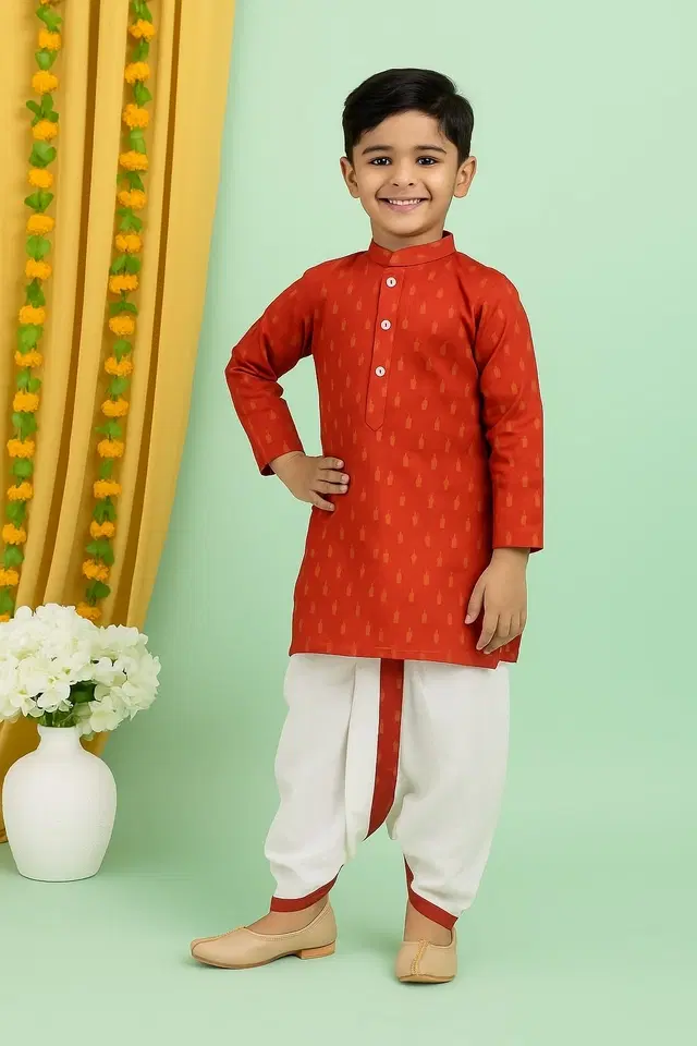Cotton Blend Printed Kurta & Paints Set for Boys , Maroon (2-3 Years)