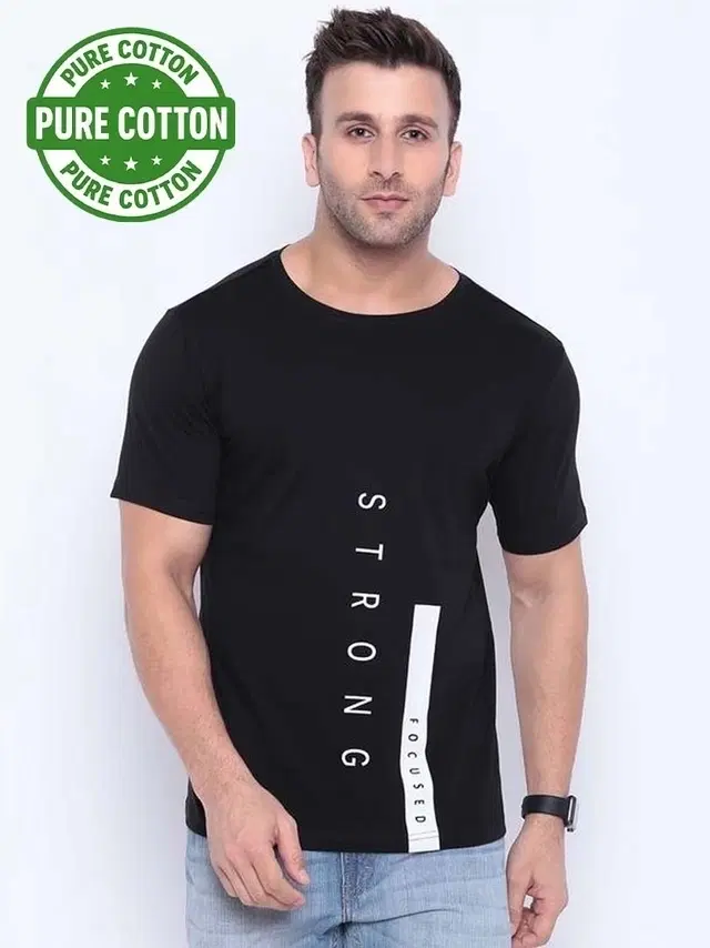 100% Cotton Round Neck Printed T-Shirt for Men, Black (XL)