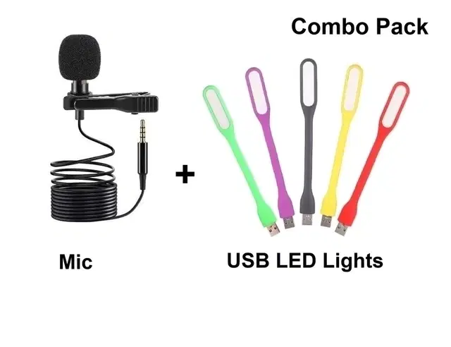 3.5mm Clip Mic for YouTube, Recording & Smartphones and Portable USB Led Light [Multicolor, Pack of 5, Combo Pack]