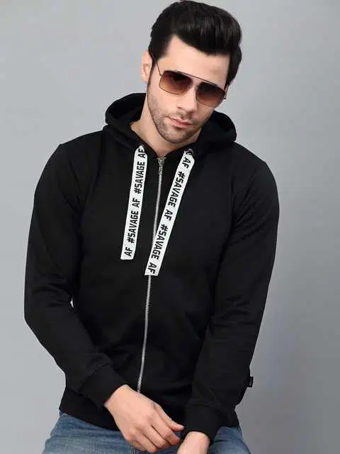 Printed String Fleece Jacket for Men (Black, M)