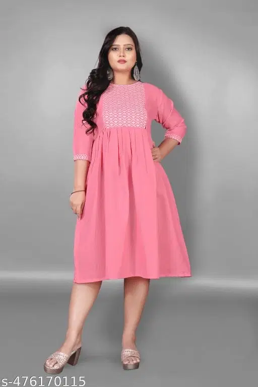 Embroidered Floral Flared Kurti (Pink, M)
