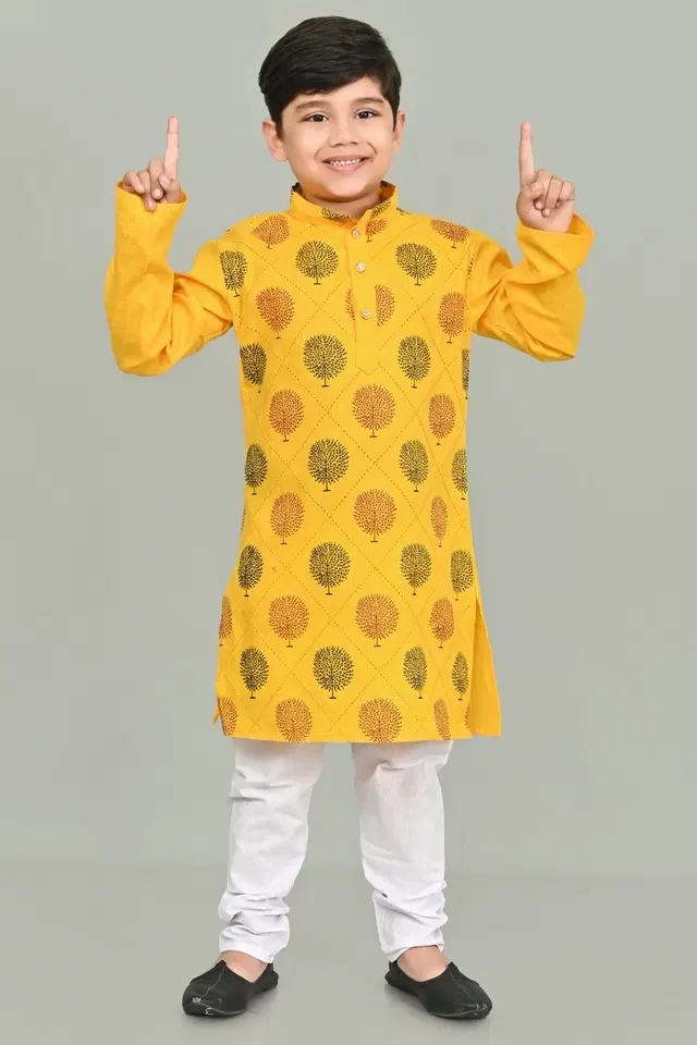 Cotton Printed Kurta with Payjama for Boys, Yellow & White (2-3 Years)