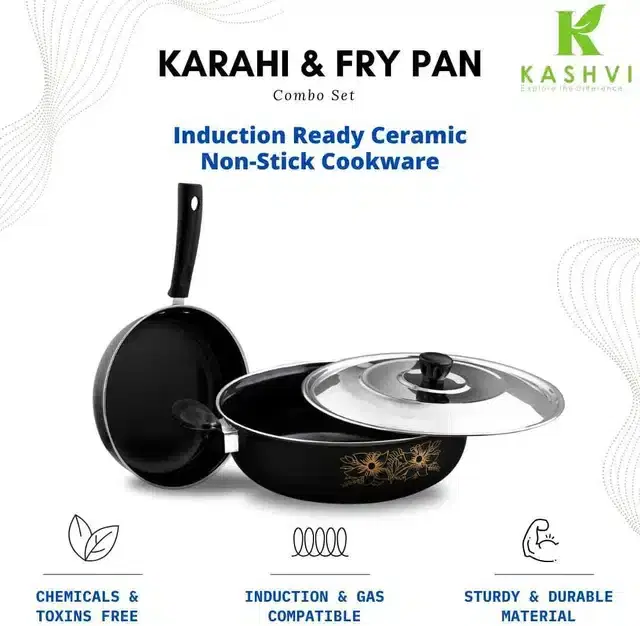 Non Stick Kadai with Stainless Steel Lid & Frying Pan, Black, Set of 2