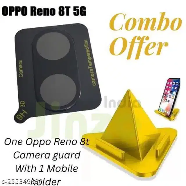 Camera Lens Protectors for Oppo Reno 8T 5G with Pyramid Shape Mobile Holder Stand, Black & Yellow, Set of 2