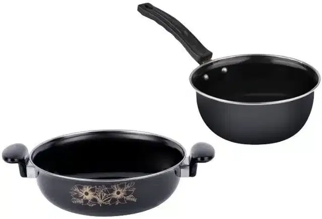 Non Stick Kadai with Stainless Steel Lid & Frying Pan, Black, Set of 2