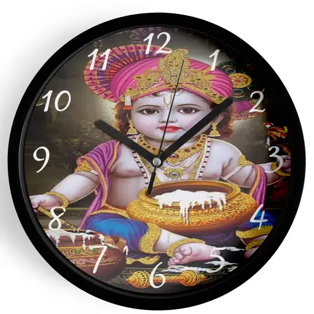 Analog Lord Krishna Wall Clock for Home, Black, 7 Inches