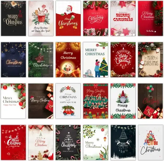 Merry Christmas Printed Cards with Envelopes, Multicolor, Set of 24