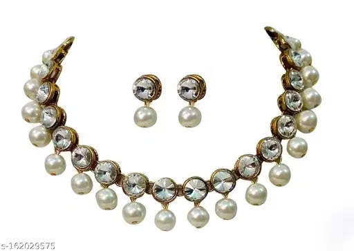 Beautiful Kundan Jewellery Set Necklace for Women, White, White