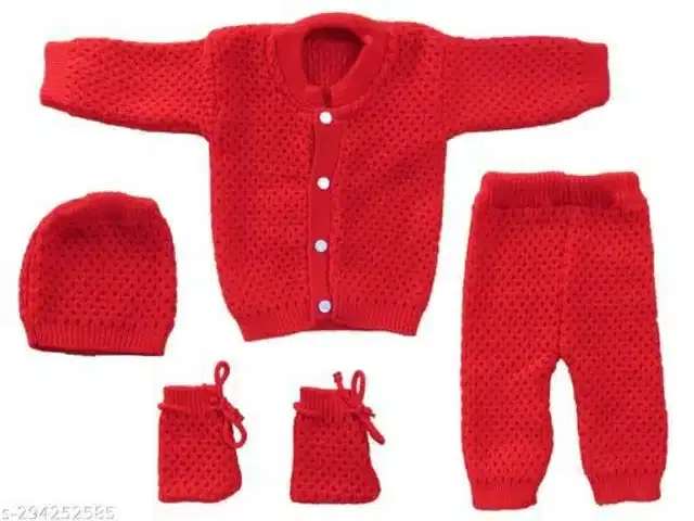 Woolen Solid Sweater with Pyjama & Cap with Socks for Kids (Red, 0-6 Months)