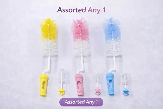 Combo 2-in-1 baby bottle and nipple cleaning brush set featuring a long handle for cleaning bottles and a smaller brush for nipples (Assorted any 1)