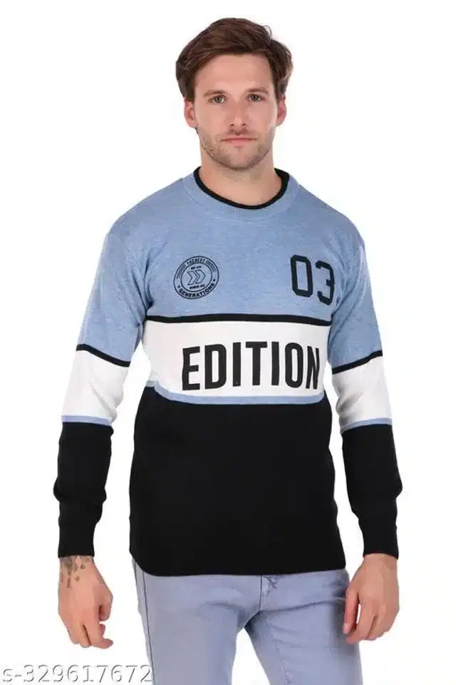 Acrylic Sweater for Men (Blue & Black, M)