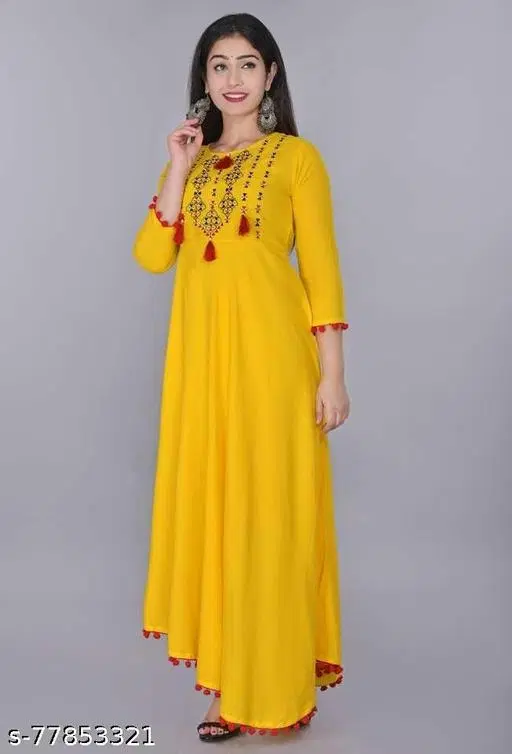 Women Rayon Embellished Flared Kurti, Yellow (XXXL)