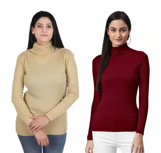 Full Sleeves High Neck Sweater for Women, Pack of 2 (Beige & Maroon, S)