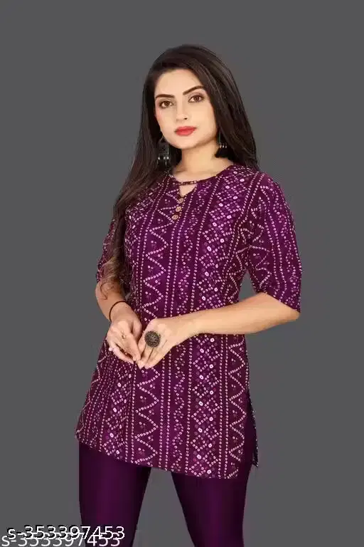 Bandhani Print Short Kurti for Women ,Purple (M)