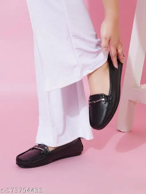 Shoetopia Solid Loafers for Women (Black, IND-3)
