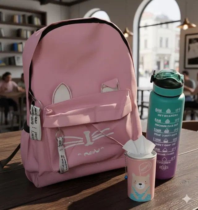 Polyester Backpack with Plastic Water Bottle, Tissue Container for Men & Women, Multicolour, Set of 1