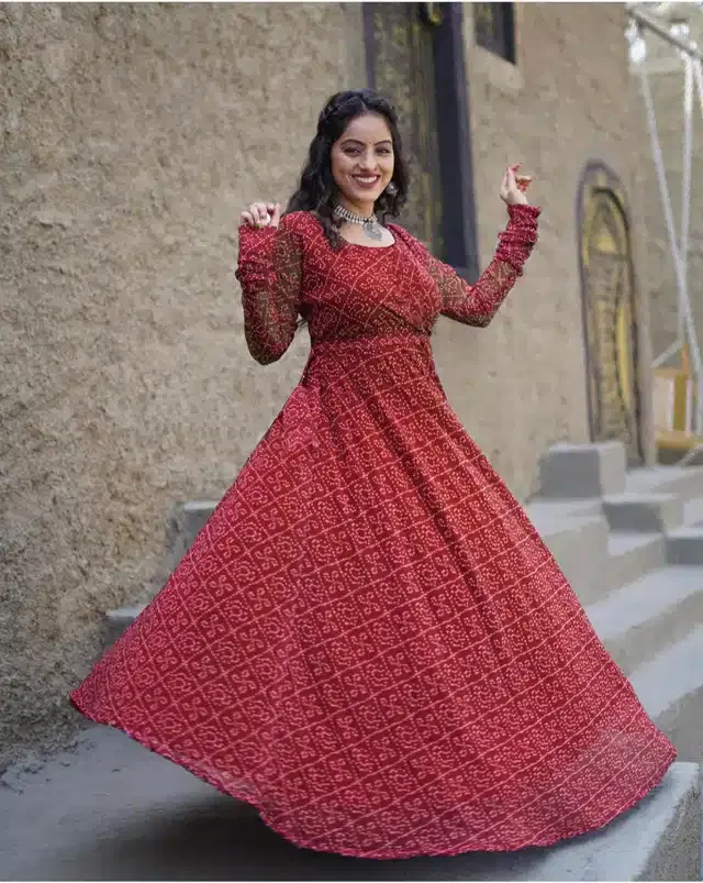 Women's Printed Anarkali Gown (Red, M)