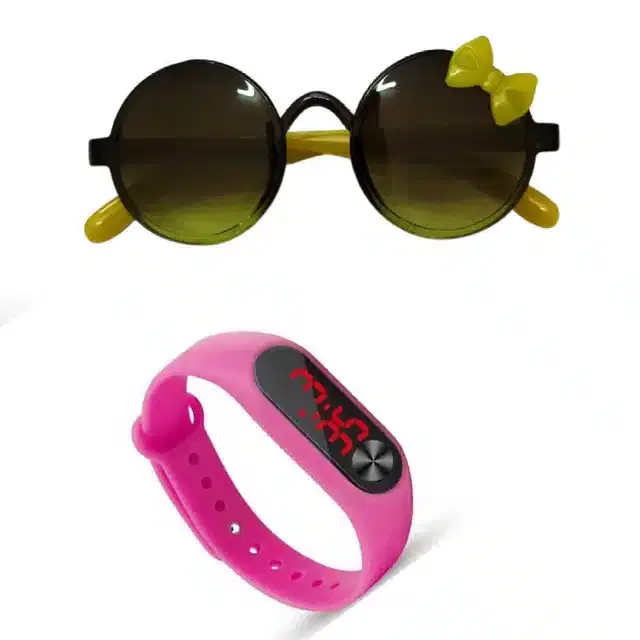 UV Protected Sunglass with Digital Watch for Boys & Girls, Set of 2 (Olive & Pink)