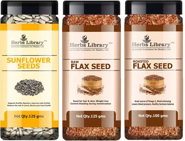 Herbs Library Sunflower Seeds, Raw Flax Seeds and Roasted Flax Seeds, Pack of 3, 125 g