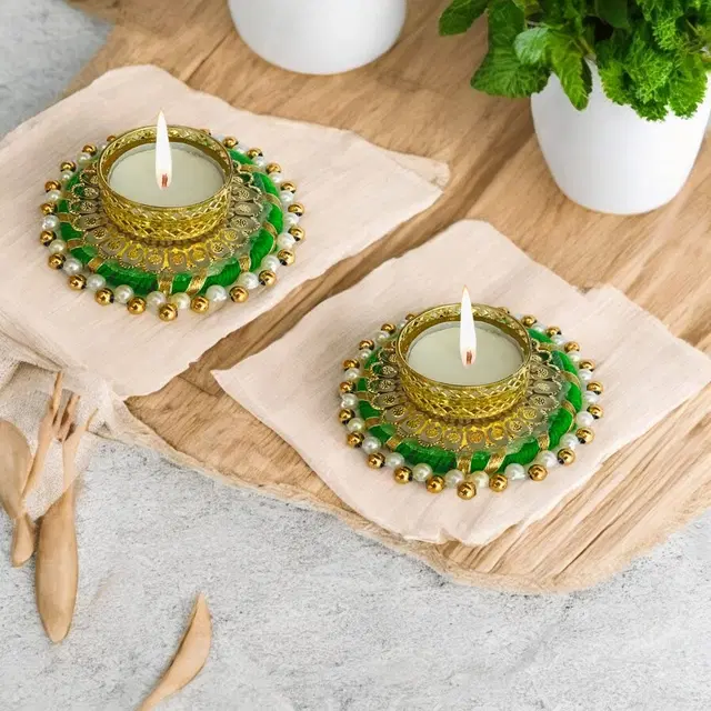 Metal Designer Tealight Candle Holder, Green, 9x9x2.5 cm, Pack of 2