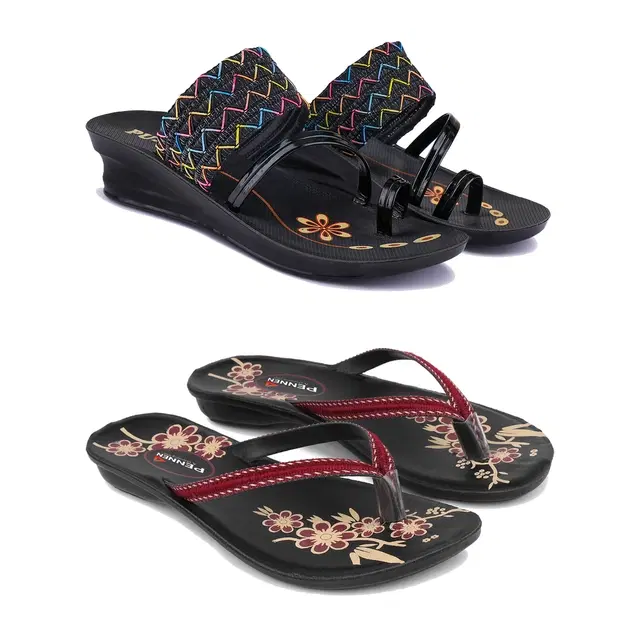Sandals for Women, Pack of 2 (Black & Red, 7)
