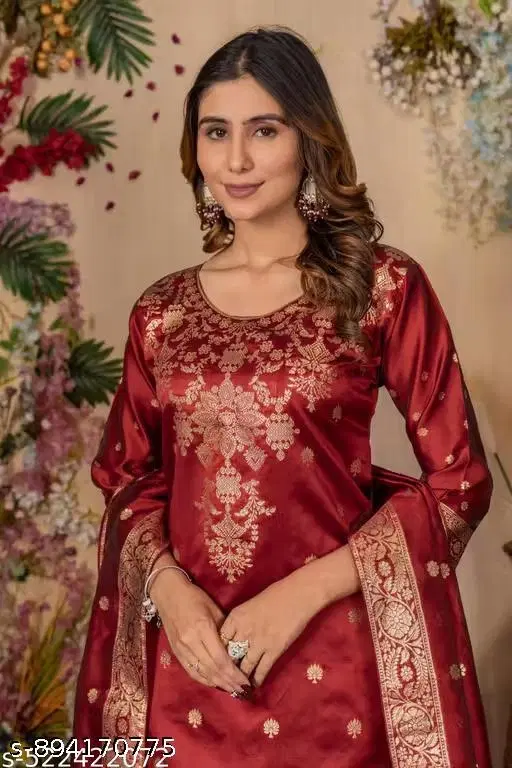 Banarasi Silk Kurta Set for Women, Pack of 3 (Maroon, M)